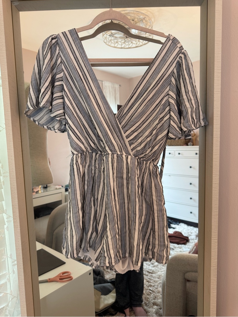 Altar'd State Blue and White Striped Surplice Romper